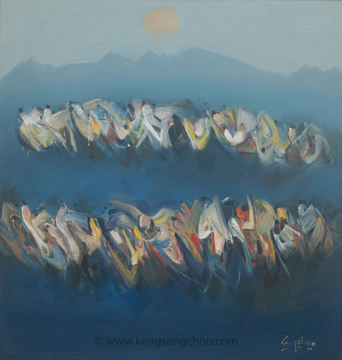 Mirror — a painting of pigeons in blue tones by Keng Seng Choo